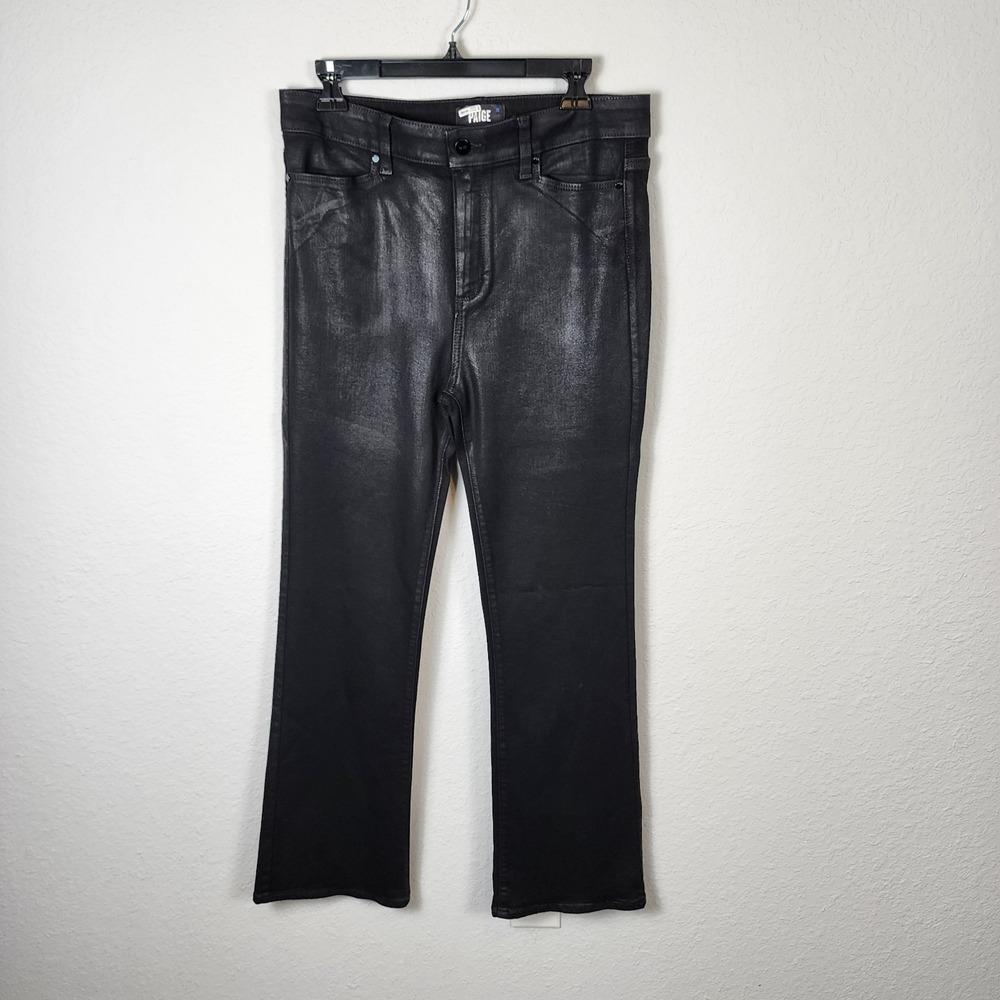 Paige High Rise Manhattan Coated Jeans Womens 31 Black Boot Cut Flare Club Party